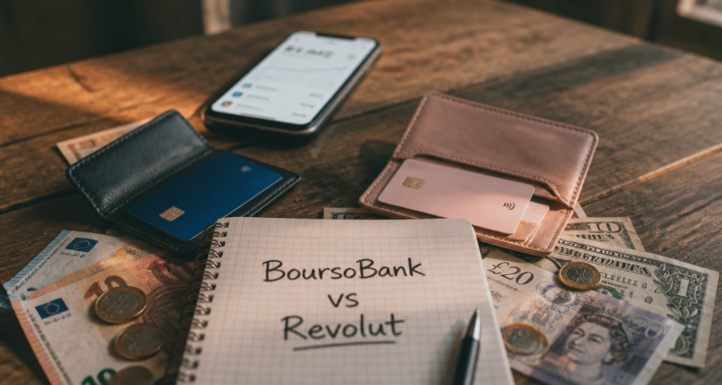 boursorama ou revolut cartes bancaires et devises sur table