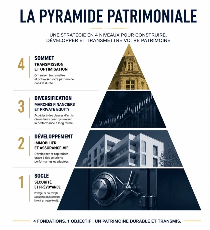 Schéma de la pyramide patrimoniale illustrant les étapes de la gestion de patrimoine