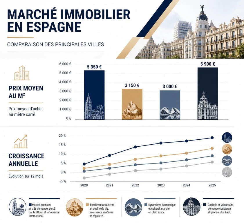 Infographie comparative des prix et croissance du marché immobilier en Espagne par ville