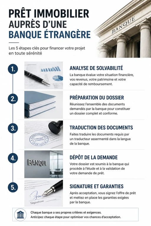 Infographie des étapes pour obtenir un prêt auprès d'une banque étrangère pour les français