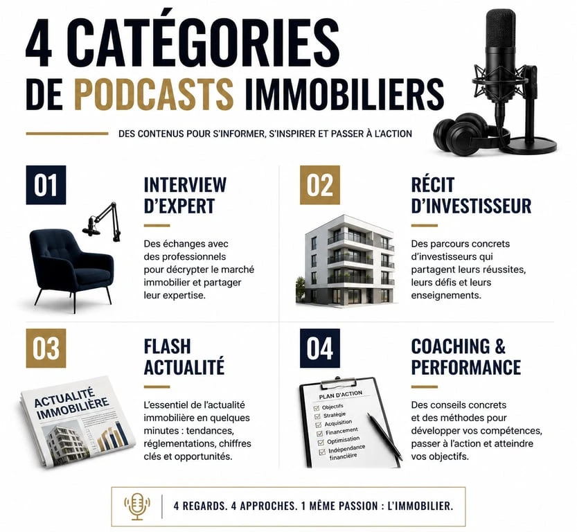 Infographie des types de podcasts immobilier : expert, investisseur, actualité et coaching