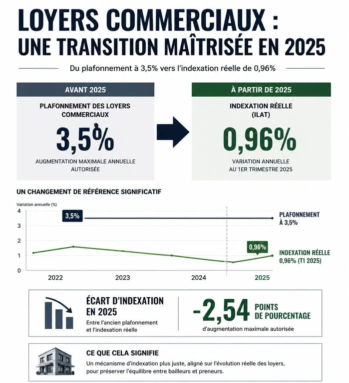 Infographie sur le plafonnement des loyers commerciaux 2025 et l'évolution de l'indice ILC
