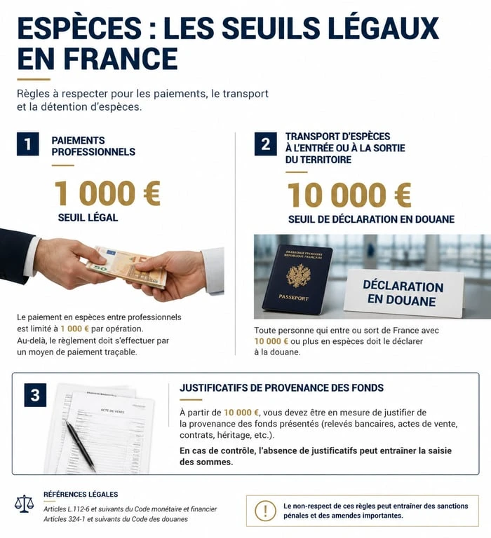 Infographie sur les seuils légaux et justificatifs pour la détention d'argent liquide chez soi