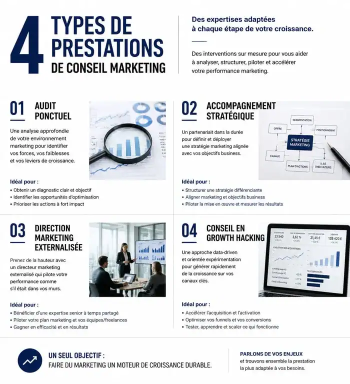 Infographie des différents types de conseil marketing pour les entreprises