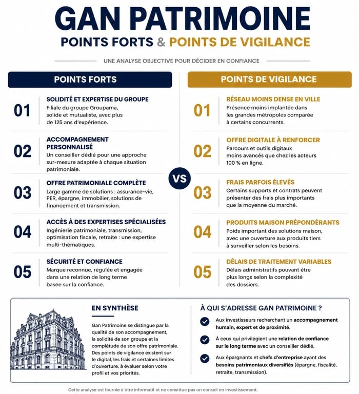 Tableau comparatif des avis sur Gan Patrimoine : points forts et points de vigilance pour l'assurance vie.