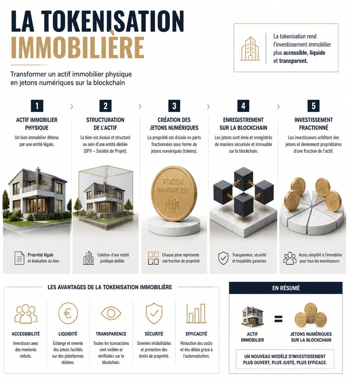 Schéma explicatif du fonctionnement de la tokenisation immobilière et des NFT immobiliers