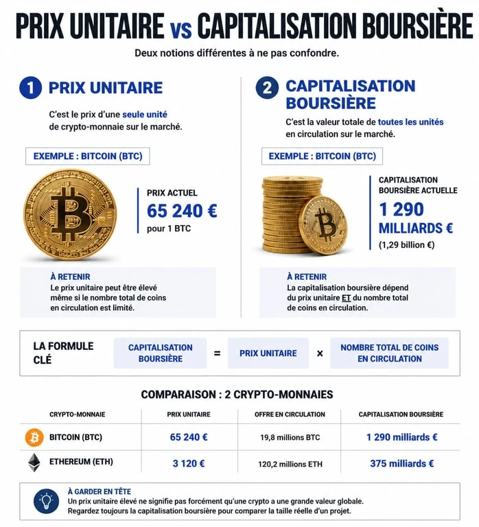 Infographie explicative sur la capitalisation boursière et le cours des crypto-monnaies
