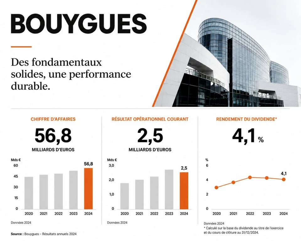 Infographie des indicateurs financiers clés pour l'action Bouygues : chiffre d'affaires, résultat opérationnel et dividende