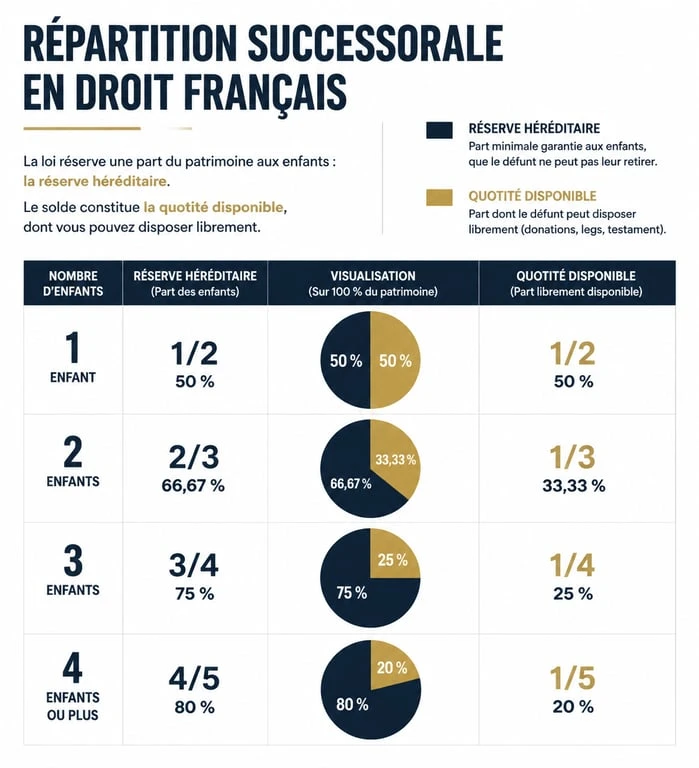 Schéma de la réserve héréditaire et de la quotité disponible selon le nombre d'enfants