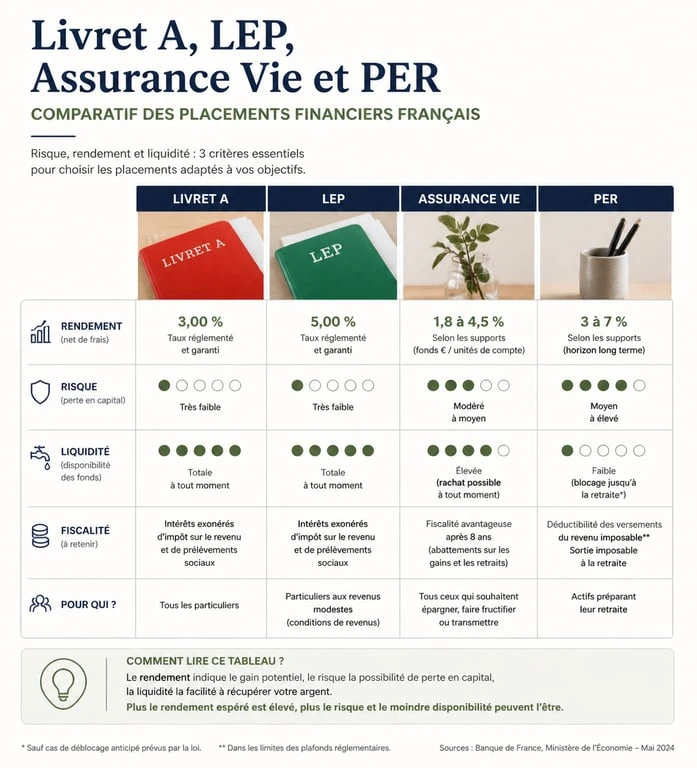 Comparatif des placements financiers : Livret A, LEP, Assurance Vie et PER pour choisir la meilleure banque pour placer son argent.