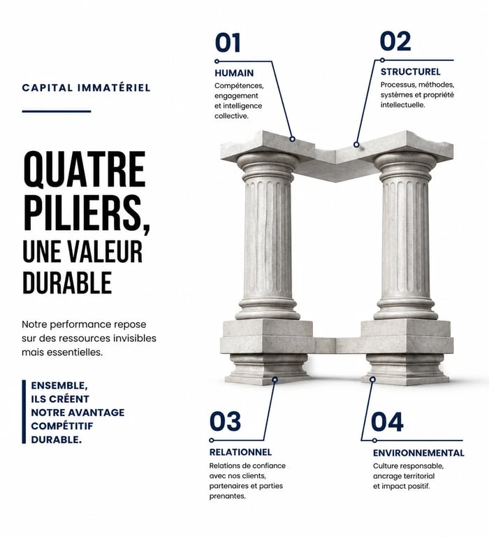 Schéma des quatre piliers du capital immatériel : humain, structurel, relationnel et environnemental pour la valorisation des ressources immatérielles