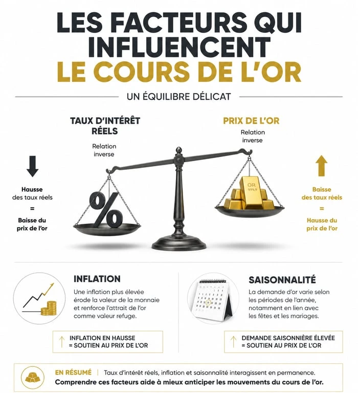 Infographie expliquant les facteurs influençant le cours de l'or et quand acheter de l'or