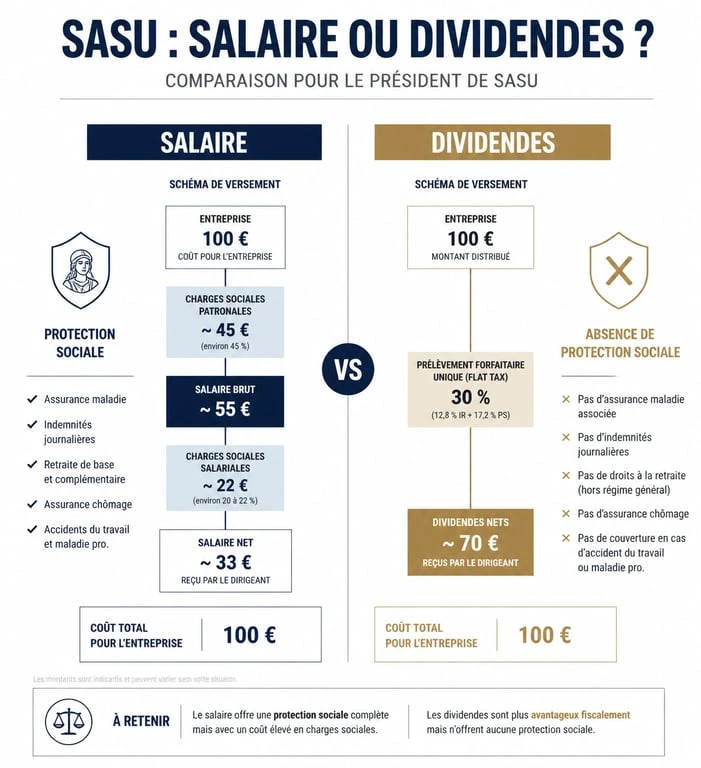 Comparatif visuel entre salaire et dividendes pour le revenu d'un dirigeant de SASU