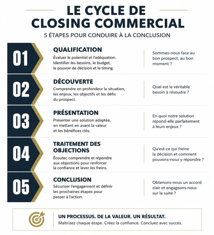 Infographie des étapes du cycle de closing pour réussir ses ventes