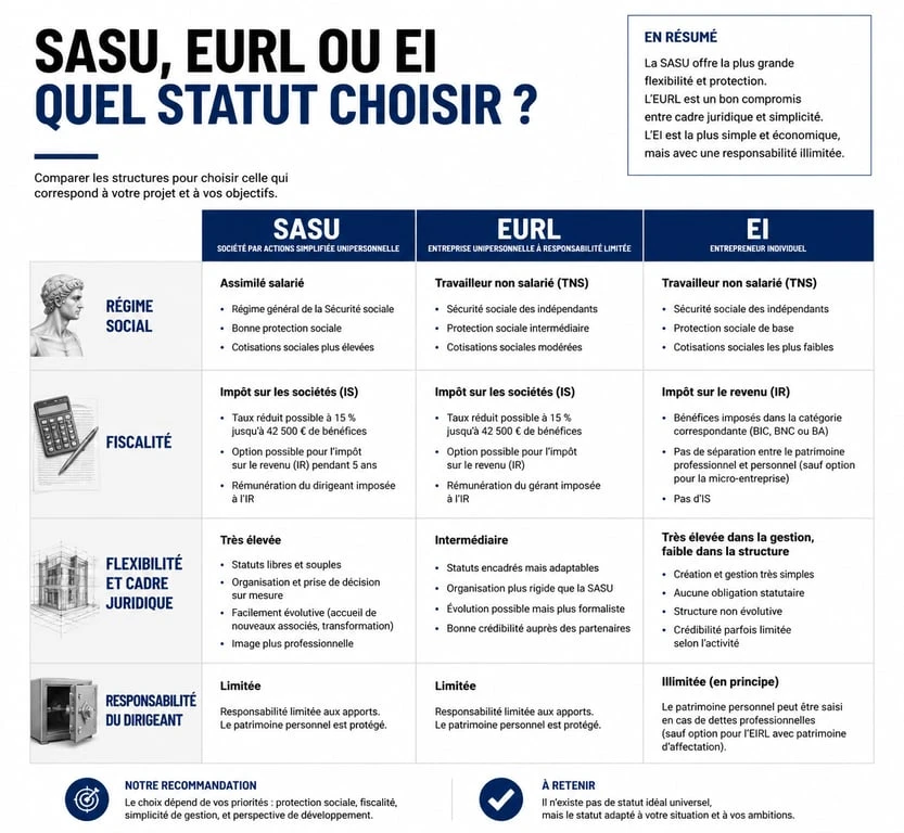 Infographie comparative des formes juridiques SASU, EURL et EI pour choisir son statut d'entreprise