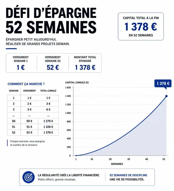 Infographie du défi économie 52 semaines montrant la progression de l'épargne
