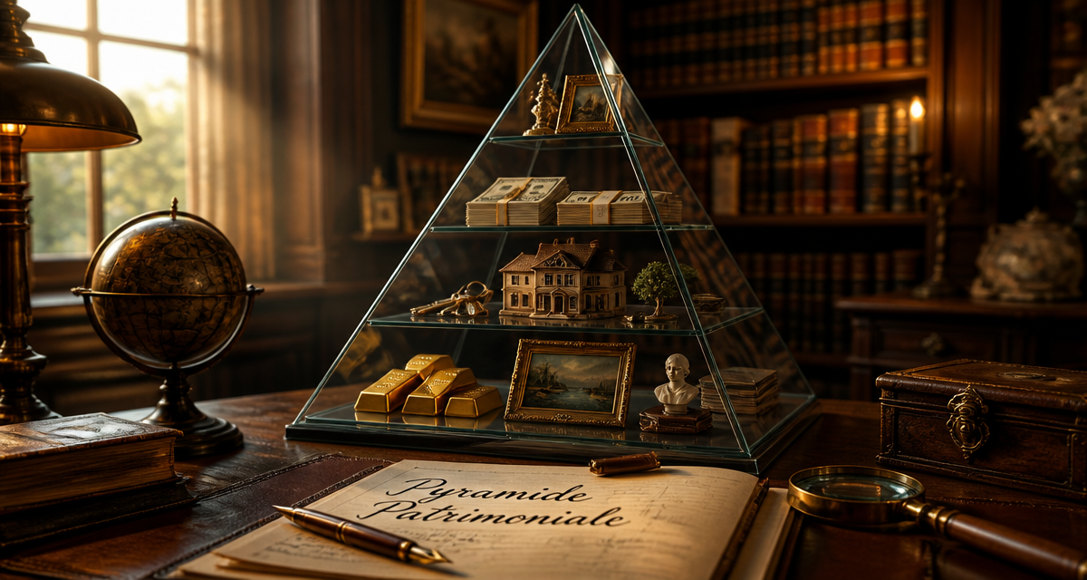 pyramide patrimoniale en verre sur bureau