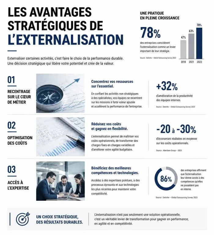 Infographie sur les avantages stratégiques de l'outsourcing pour les entreprises