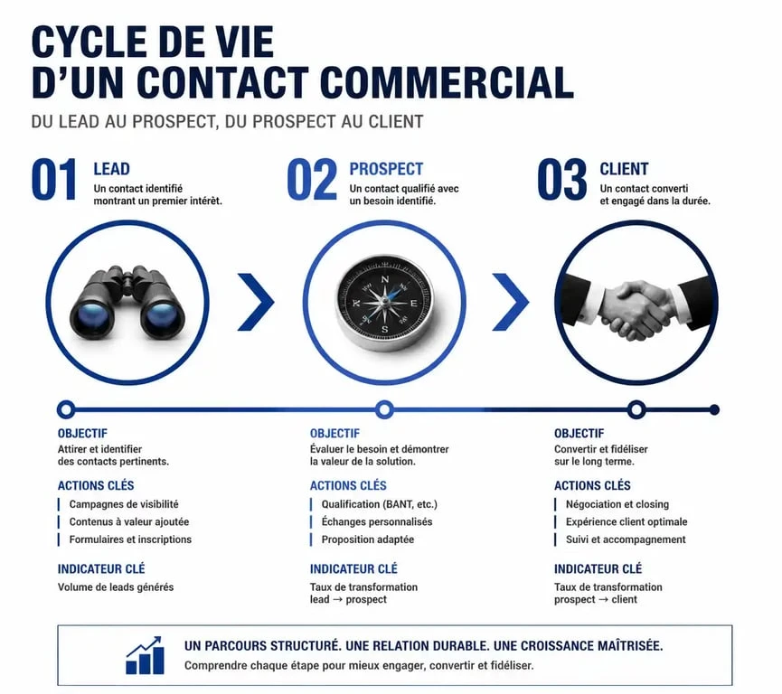 Schéma du cycle de vie d'un prospect : du lead au client