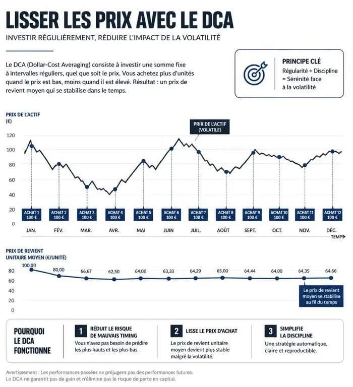 Graphique illustrant le lissage du prix de revient unitaire avec la stratégie DCA crypto