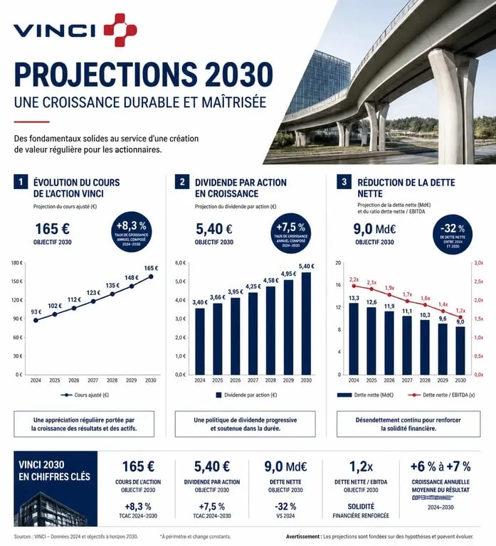 Infographie des prévisions financières et objectifs 2030 pour l'action Vinci