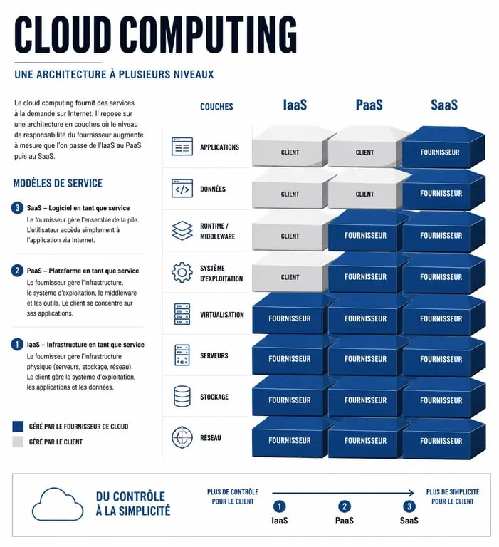 Infographie comparative SaaS vs Cloud Computing et modèles de services IaaS PaaS