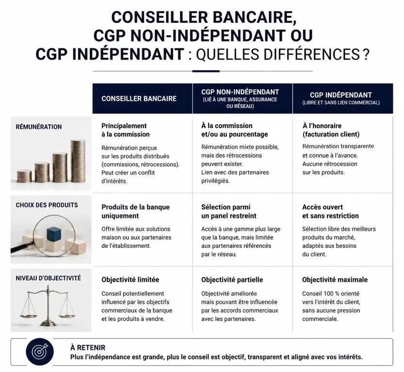 Comparatif des types de conseillers en gestion de patrimoine : conseiller bancaire, CGP et conseiller en gestion de patrimoine indépendant