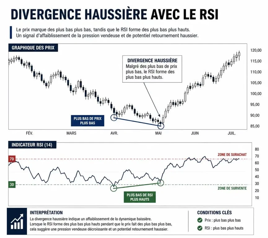 Graphique boursier illustrant l'indicateur RSI avec zones de surachat et survente
