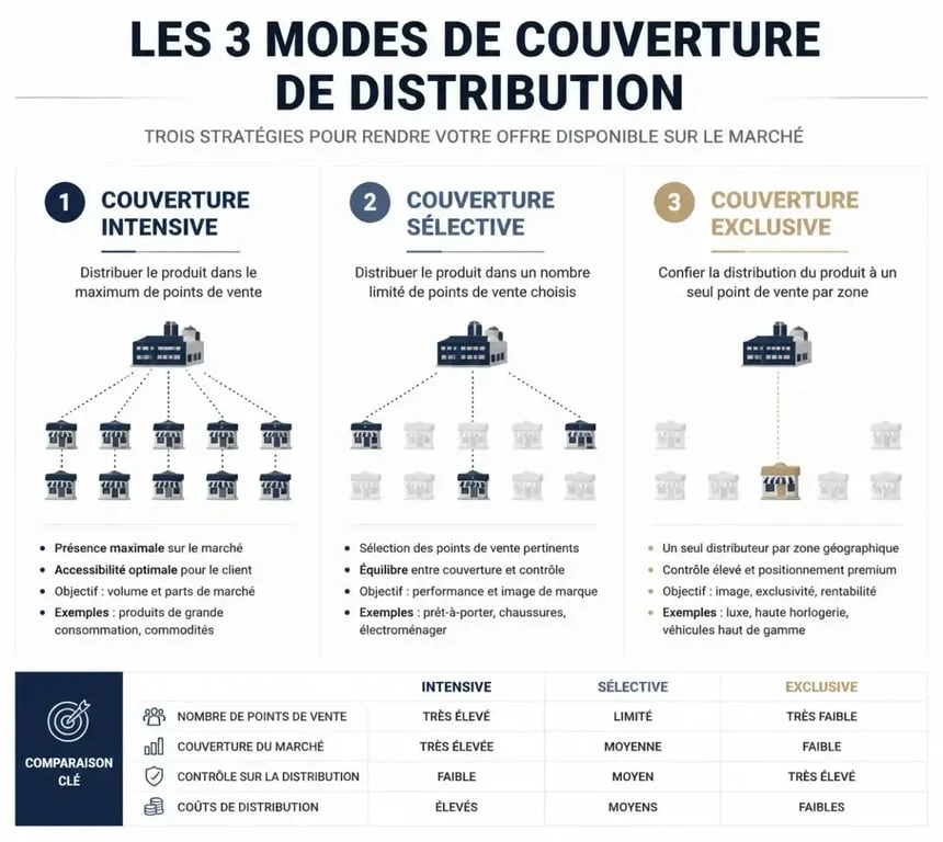 Infographie des stratégies de distribution : intensive, sélective et exclusive.