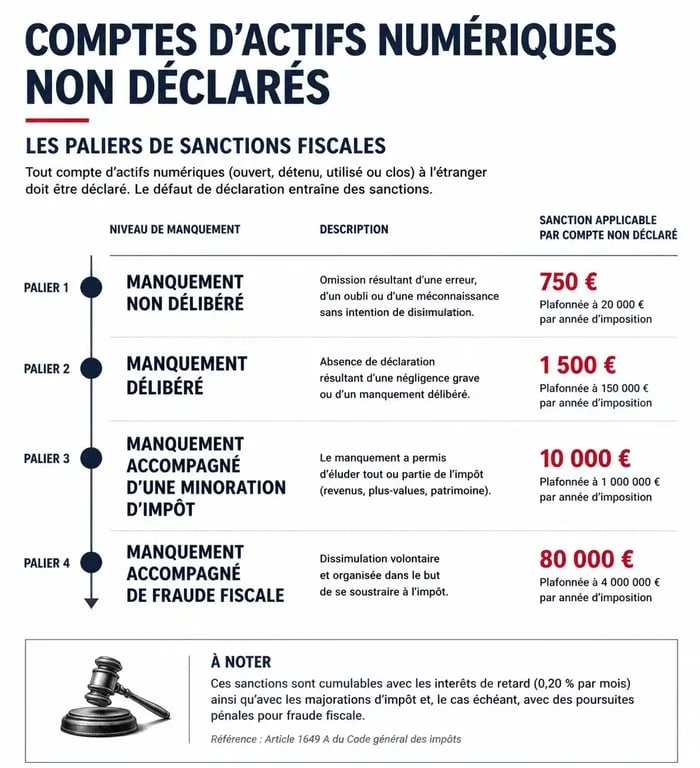 Infographie des sanctions pour non-déclaration de compte Binance et actifs numériques