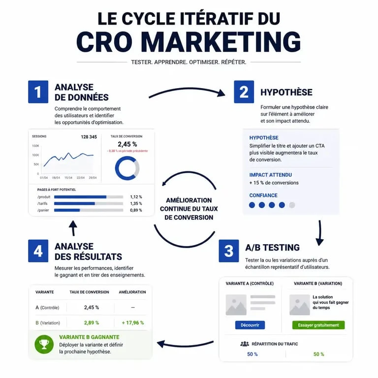 Schéma du processus de CRO marketing pour l'optimisation du taux de conversion