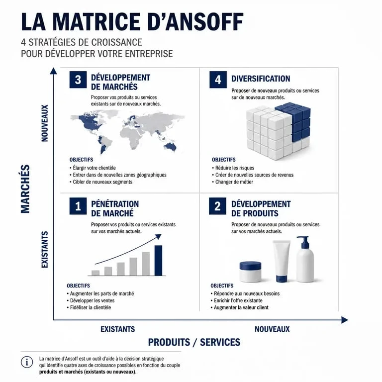 Infographie de la matrice d'Ansoff illustrant les quatre stratégies de croissance : pénétration, développement de produits, développement de marchés et diversification.
