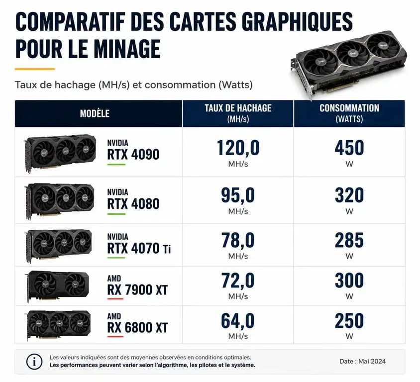 Infographie comparative des performances des cartes graphiques pour le minage de cryptomonnaies
