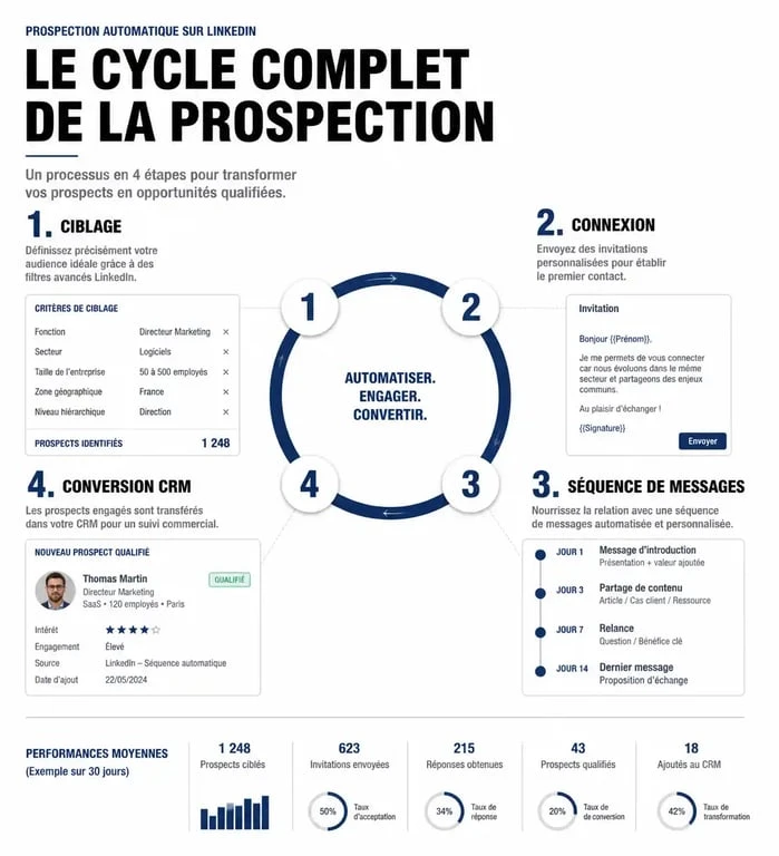 Schéma du processus de prospection automatique LinkedIn pour optimiser ses ventes B2B