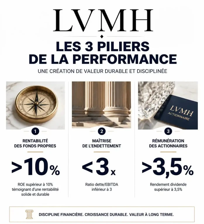 Infographie des indicateurs financiers clés de l'action LVMH pour les investisseurs