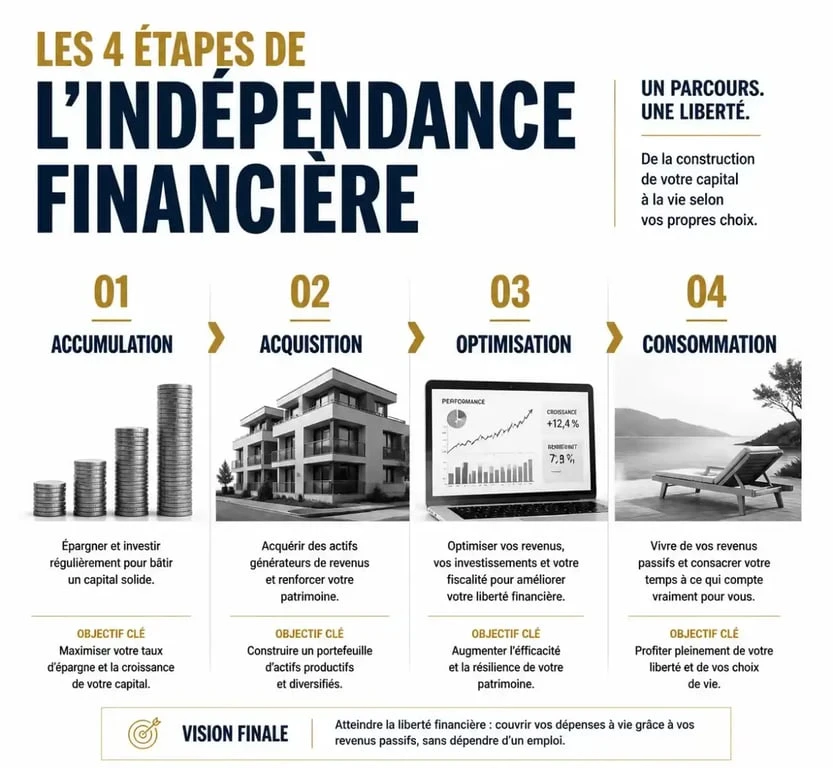 Infographie des quatre étapes pour atteindre son objectif rentier et la liberté financière