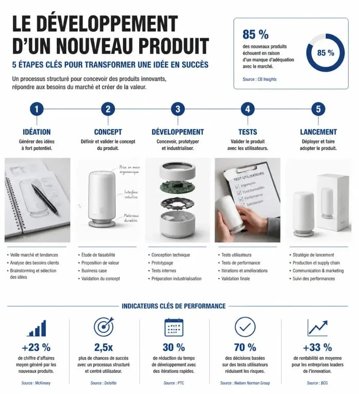 Infographie du processus de développement d'un nouveau produit : méthodes et outils