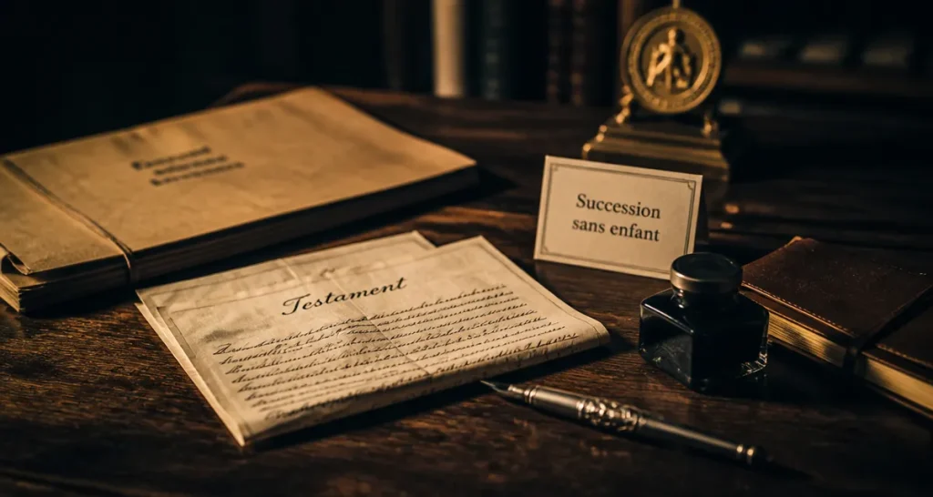 Succession sans enfant avec testament sur table en chêne sombre