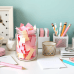 A glass jar filled with pink and yellow paper slips sits on a tidy desk with pens, pencils, notepads, a candle, and a clock—all in pastel colors against a light blue background, perfect for collecting your favorite happy jar ideas.