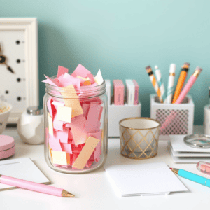 A glass jar filled with pink and yellow paper slips sits on a tidy desk with pens, pencils, notepads, a candle, and a clock—all in pastel colors against a light blue background, perfect for collecting your favorite happy jar ideas.
