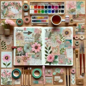 A picture a spring themed journal layout surrounded by pastel coloured stationery, ready to be used with some spring art journal prompts
