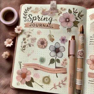An journal open to a page of spring journal ideas, next to a cup of tea and some pink flowers