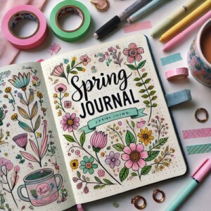 A picture of a journal open at a new section title page. On the page, the words "spring journal" are written in large letters, surrounded by drawings of bright flowers. This sections is full of spring journal prompts