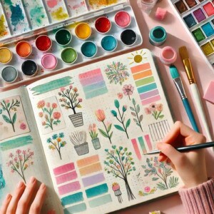 An open journal full of colourful drawings to represent responses to spring reset journal prompts