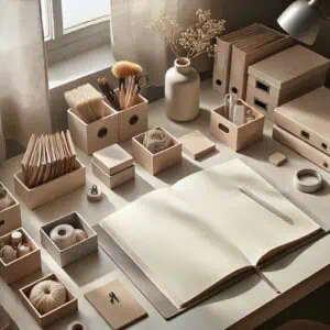 An open spring cleaning journal on a very organised and tidy desk.