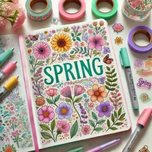 An open journal covered in brightly coloured drawings, surrounded by journaling supplies, a creative spring vibes journal