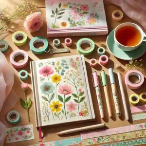A picture of two spring themed journals surrounded by pastel coloured stationery, ready to be used to create a spring bucket list