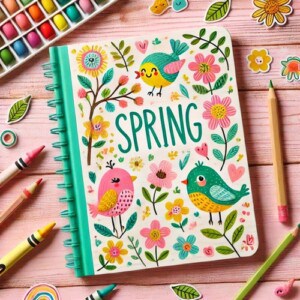 A picture of a spring journal with "spring" on the cover decorated with brightly coloured flowers and birds. The journal is full of spring journal ideas for kids and is surrounded by art supplies