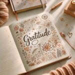 An open gratitude journal for teens displays the word gratitude in large cursive, surrounded by hand-drawn flowers, leaves, hearts, and stars in warm, earthy tones. Cozy items like a knit sweater and pen rest nearby.