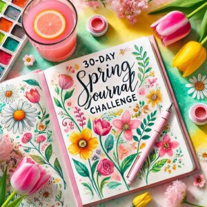 A decorated journal page with the words "spring journal challenge" surrounded brightly coloured drawings of flowers. The journal is on a desk, next to a glass of pink lemonade and pink and yellow tulips